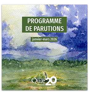 Couverture du Programme de parutions janvier-avril 2025 : illustration colorée de paysages agricoles avec champs, serres, fleurs et arbres, accompagnée du logo des Éditions Quae.