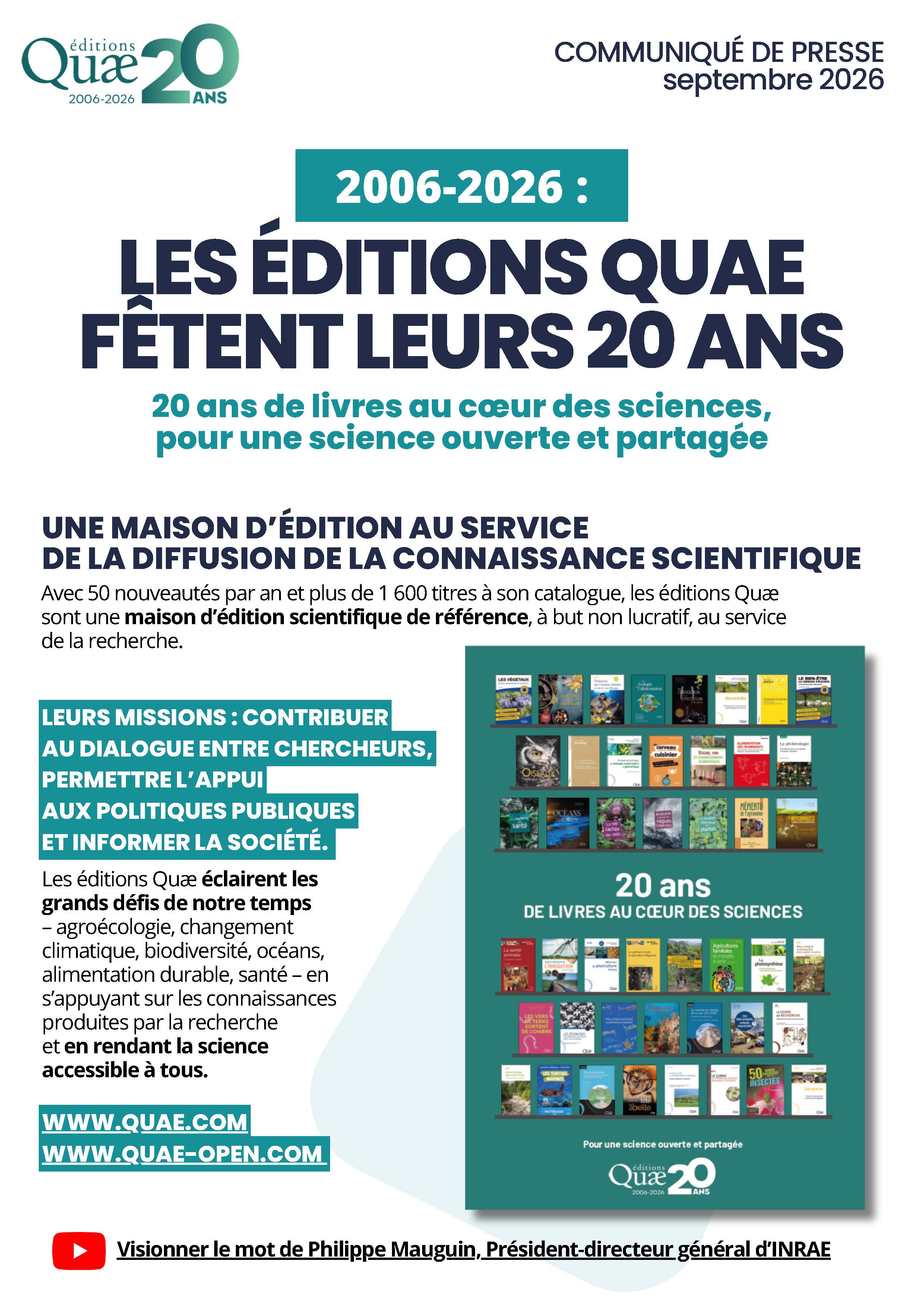 Texte présentant les 20 ans de Quae